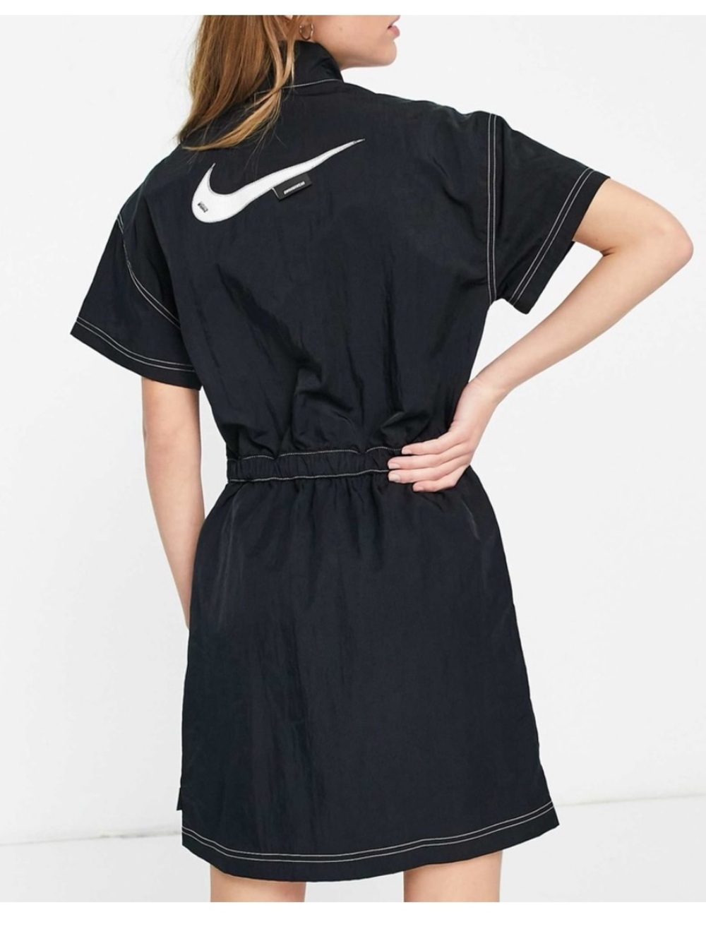 Nike Swoosh Nylon Sport Mini Dress Size S Black Collared Short Sleeve Swooshwear